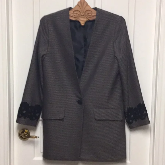 ELEANOR BRENNER Designer Wool Jacket Size 6 Lace Sleeve Trim - Picture 1 of 7